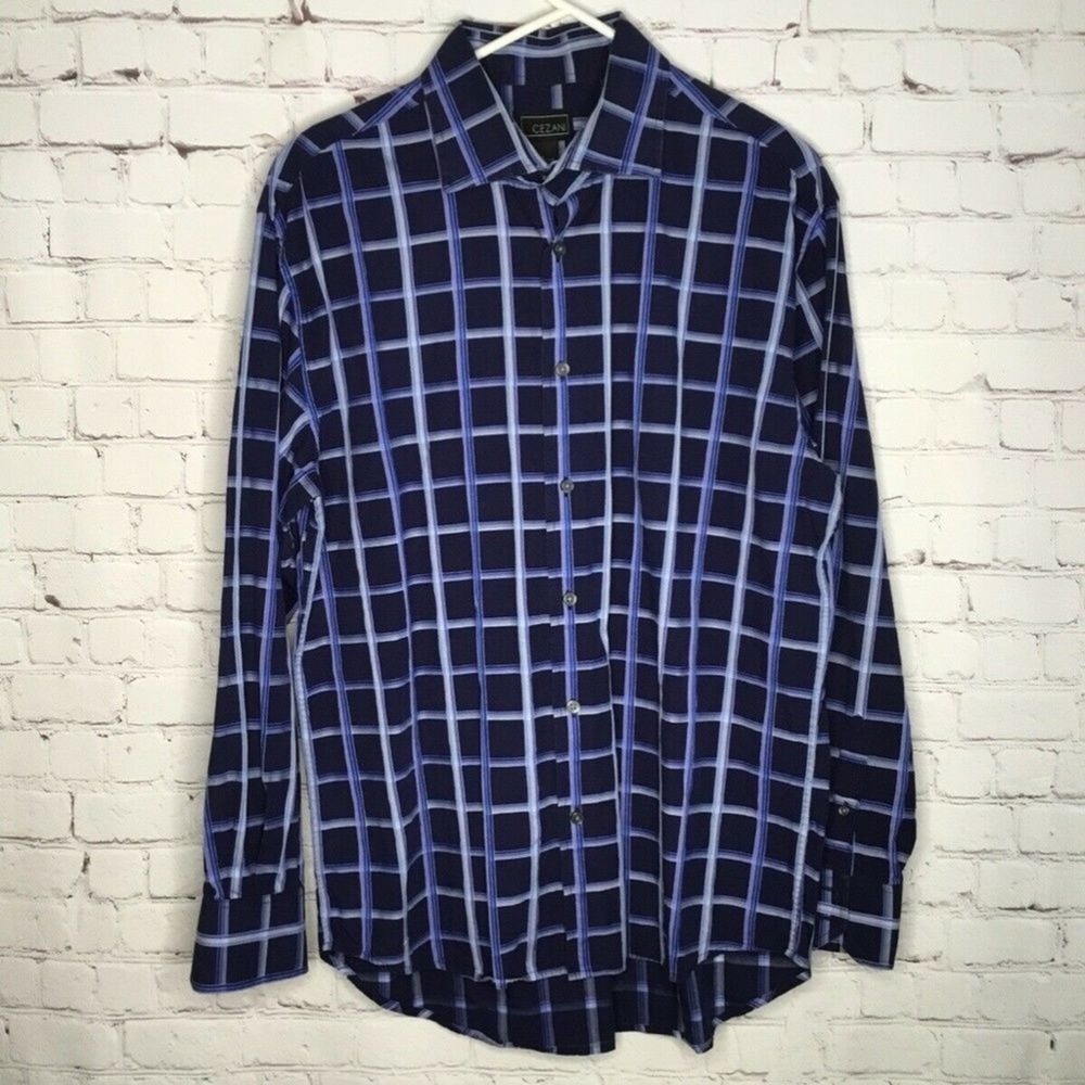 Cezani Blue Plaid Long Sleeve Button‎ Up Shirt Men L China 100% Cotton